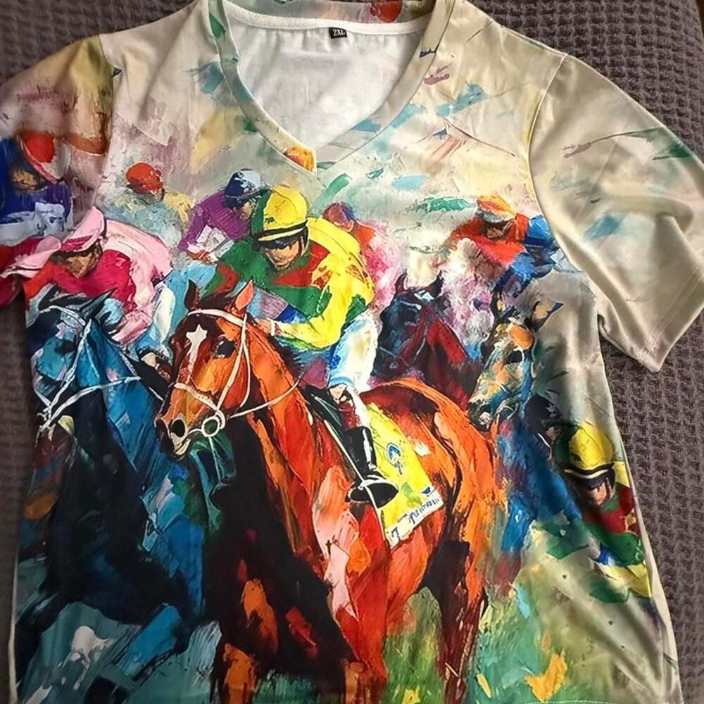 Unbranded Horse Racing Graphic T-Shirt 2XL Jockeys Print